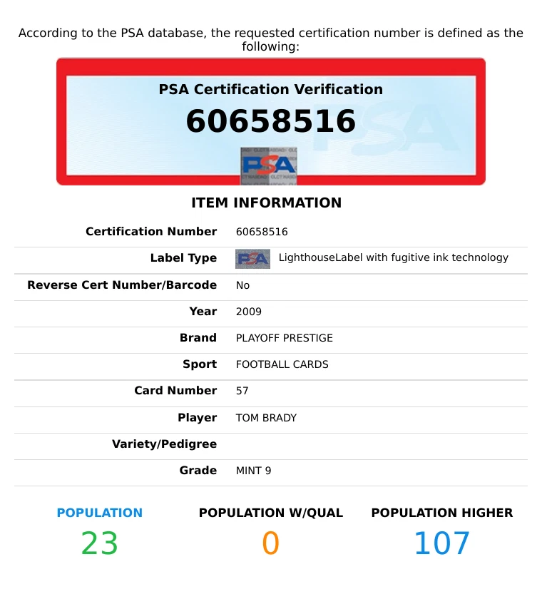2009 PLAYOFF PRESTIGE TOM BRADY #57 NEW ENGLAND PATRIOTS PSA 9 MINT - Image 3 of 3