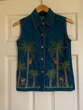 Vintage Life Style Applique Denim Vest Size Ps Tropical Monkey Palm Trees Nwot