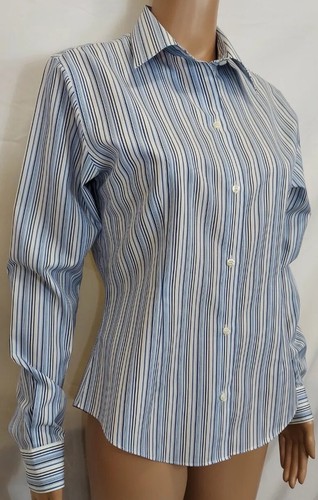 CASUAL CORNER Women Shirt Size Small Fitted Blue, White Striped Cotton Long Slev - Picture 3 of 14