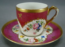 Sevres Style Pillivuyt Hand Painted Floral Pink & Gold Demitasse Cup & Saucer