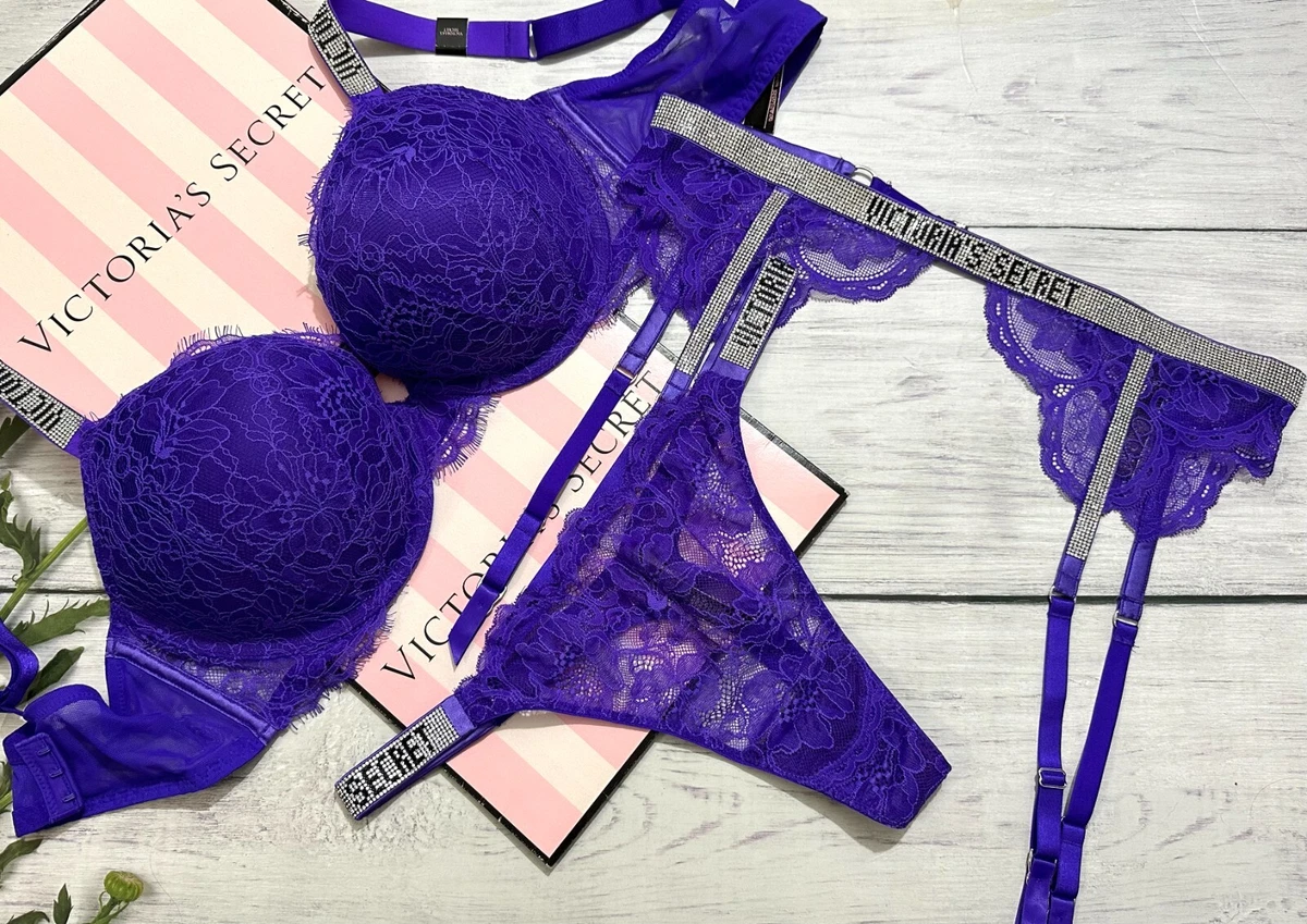 Victoria's Secret Lace Rhinestone Shine Strap Push-Up 3 PCS Bra Set Violet