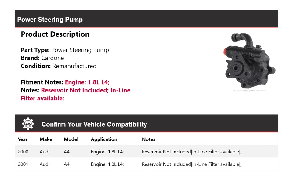 Bomba de dirección asistida cardona para Audi A4 2000-2001 1,8 L L4 Foto 2 de 4