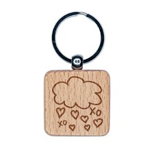 Showers of Love Hearts Engraved Wood Square Keychain Tag Charm