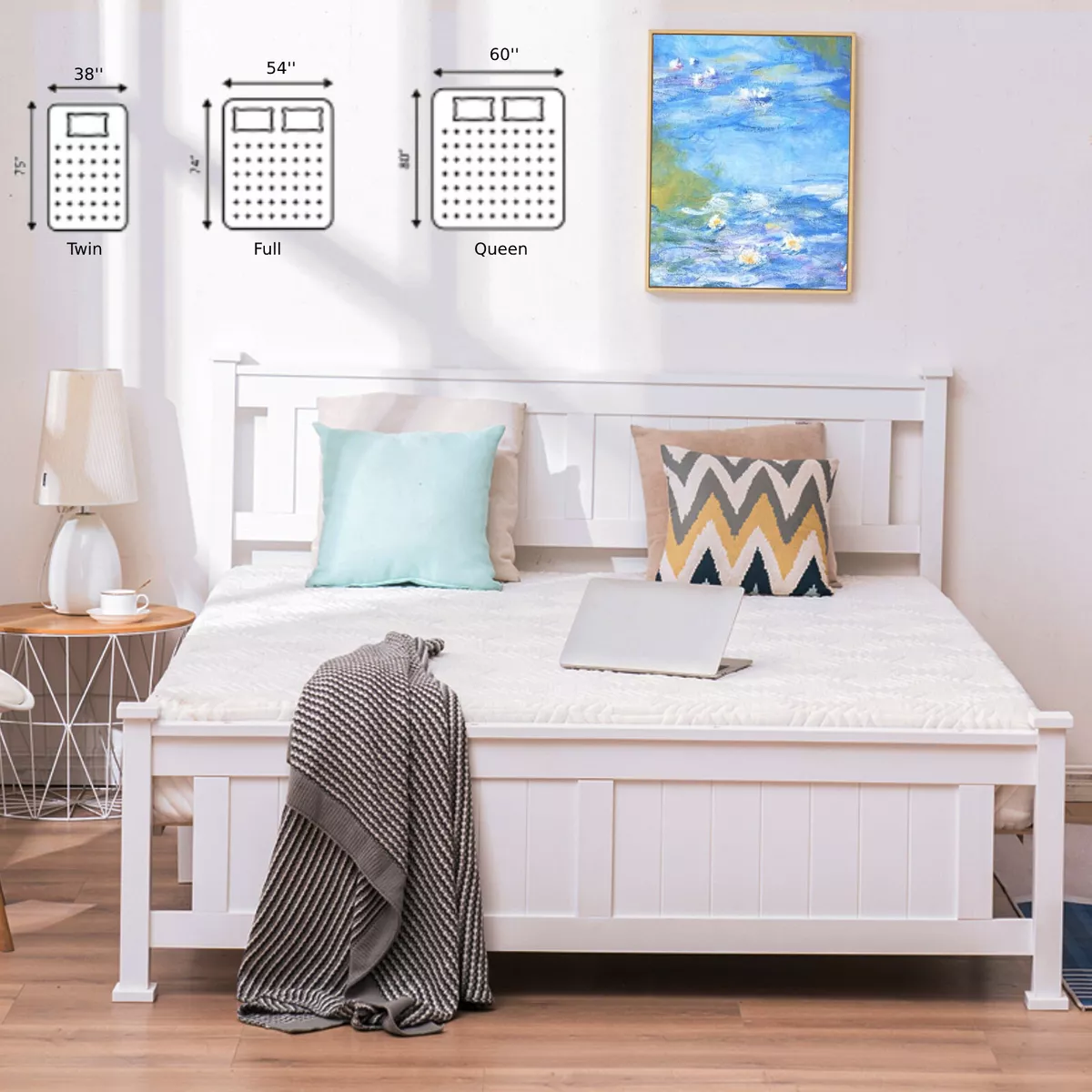 Twin Full Queen Bed Frame with Headboard Wood Platform Bed White Bed Modern Bed