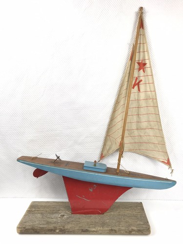 Vintage 20” Keystone Pond Sail Boat Nautical Toy w/ Original Sail, Rudder, Wheel
