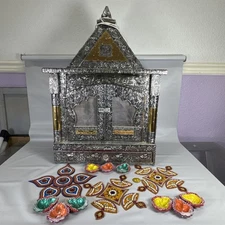 Temple Hindu Mandap For Pooja Worship Wood & Aluminum Oxidized With Extras 27x19