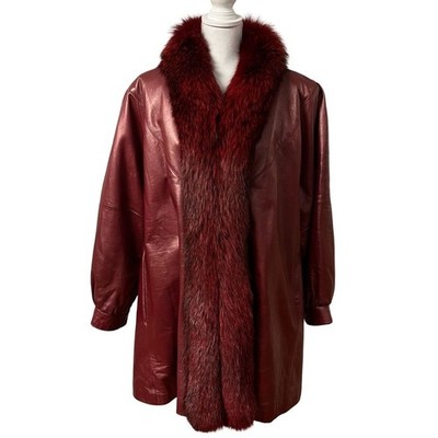Red Metallic Lambskin Leather Swing Stroller Coat Red Dyed Fox Tuxedo Trim Sz L