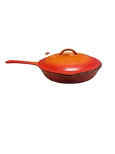 Vintage Flame Descoware Double Spout Enamel Cast Iron Skillet Orange Belgium 10”