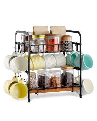 VEVOR2 Tier Coffee Bar Organizer for Countertop with 12 Movable Hooks Mug Holder