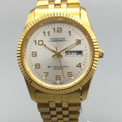 Prestige By Waltham Men Watch 36mm White Dial Gold Tone VPP012 New Battery 7.25''