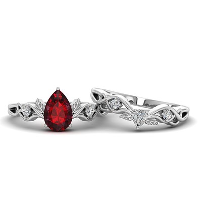 Red Garnet Engagement Ring Wedding Ring Bridal Ring 925 Sterling Silver Ring Set