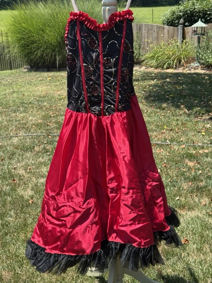 Vestido de bailarina de salón para niña o lata y accesorios. Rojo y negro, talla XLC. TC Foto 3 de 4