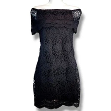NEW Black Crochet Lace Dress Size L Overlay Off Shoulder Ruffle Y2K Goth San Joy