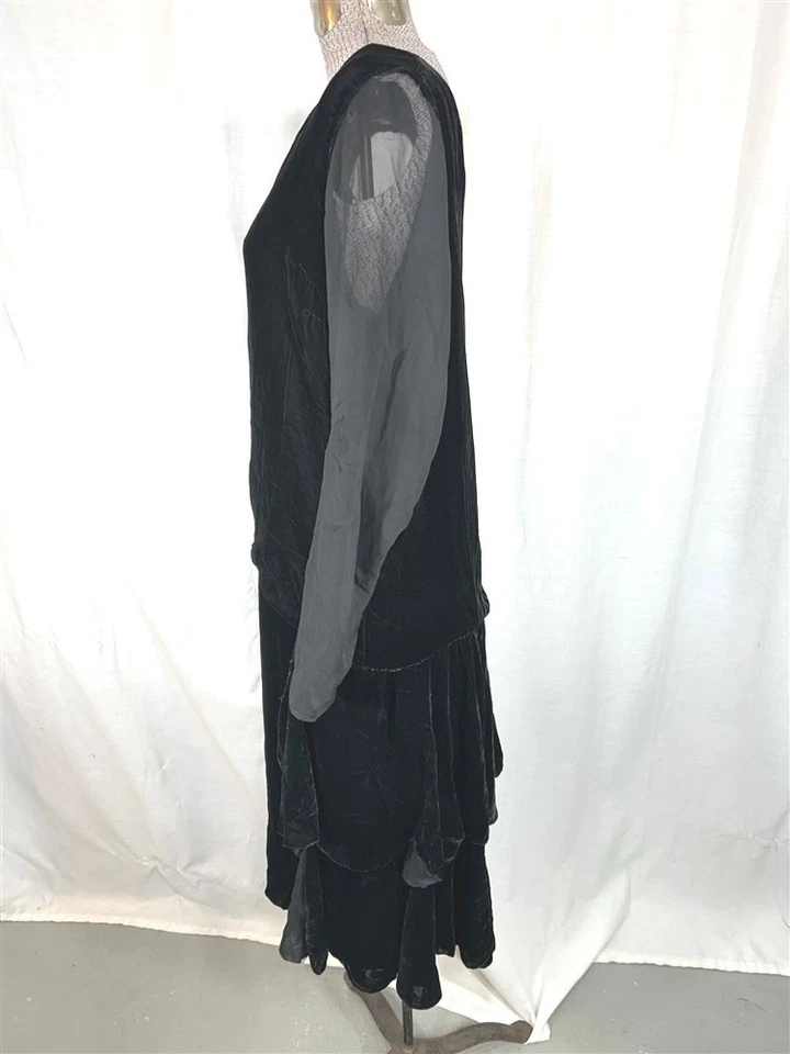 vestido antiguo aleta 1920 busto 38 terciopelo negro con gasa cintura caída original Foto 2 de 4