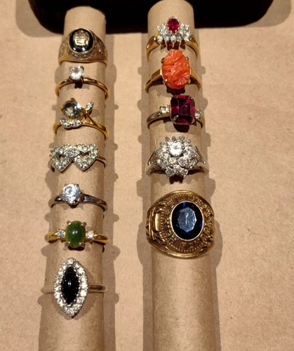 Estate Lot 12 Vintage Gold and Silver Tone Rings Adjustable Rhinestone Sterling