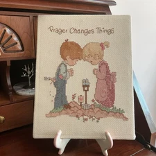 Completed PRECIOUS MOMENTS Cross Stitch Unframed Prayer Changes Things Birds EUC