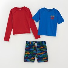 Lands End 3 Piece Swim Set Rash-Guard Trunks Boy's Size 3T Red Shark Print