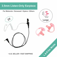2x Listen-Only Acoustic Earpiece w/Ear Molds for Motorola/Kenwood Speaker Mics