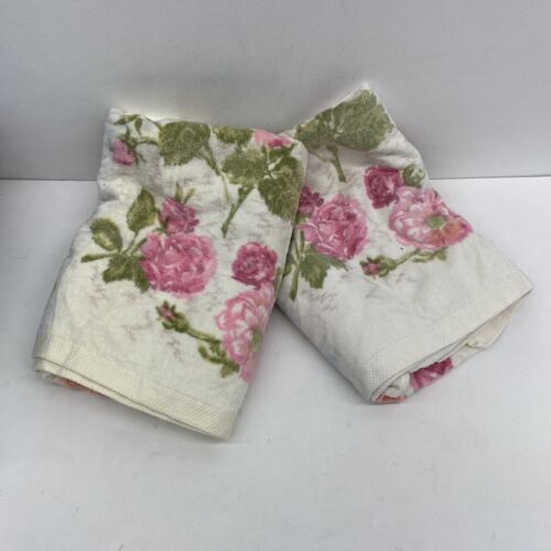 VTG MCM Springmaid White Pink Roses Floral Cotton Blend Towel 2 Bath Towels Set - Picture 1 of 12