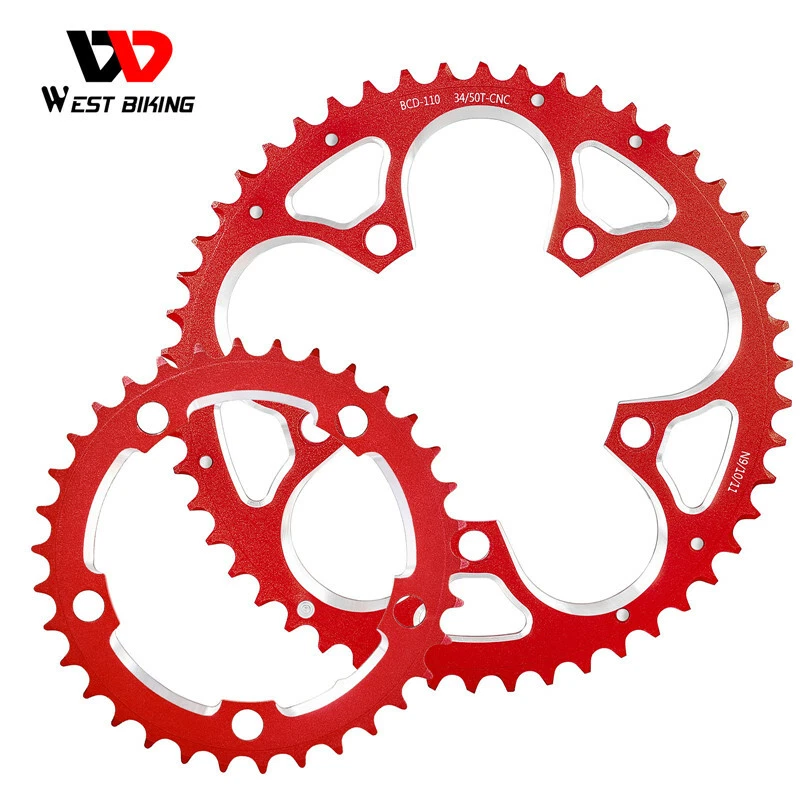 Plato de bicicleta de carretera WEST BIKING 110BCD 34T/50T placa de dientes 8/9/10/11 velocidades rojo Foto 3 de 4
