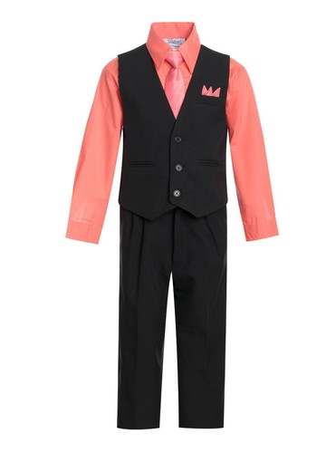 Formal Wedding Boy's Solid Vest and Pant Set 5-Piece with Tie, Hanky, Shirt - Picture 14 of 17