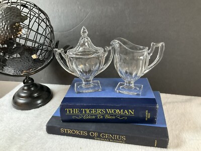 Vintage Art Deco Etched Depression Glass Sugar & Creamer Cut Engraved Flowers