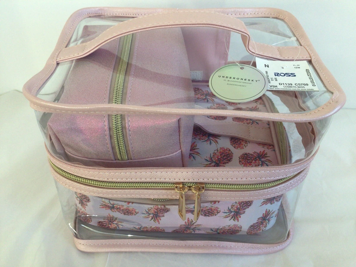 Under One Sky 3 Piece Makeup Cosmetic Bag Set Train Case Set Pink/Clear NWT