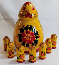 Vintage Russian Wooden Folk Art Matryoshka Hen Chicken with 7 Chicks
