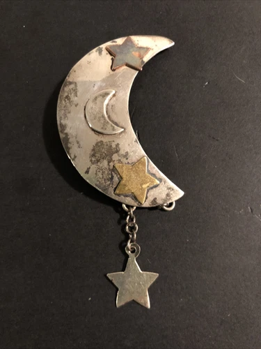 STERLING SILVER .925 lot Brooch H12 Taxco Moon Star Stars Hand Made Vintage Love