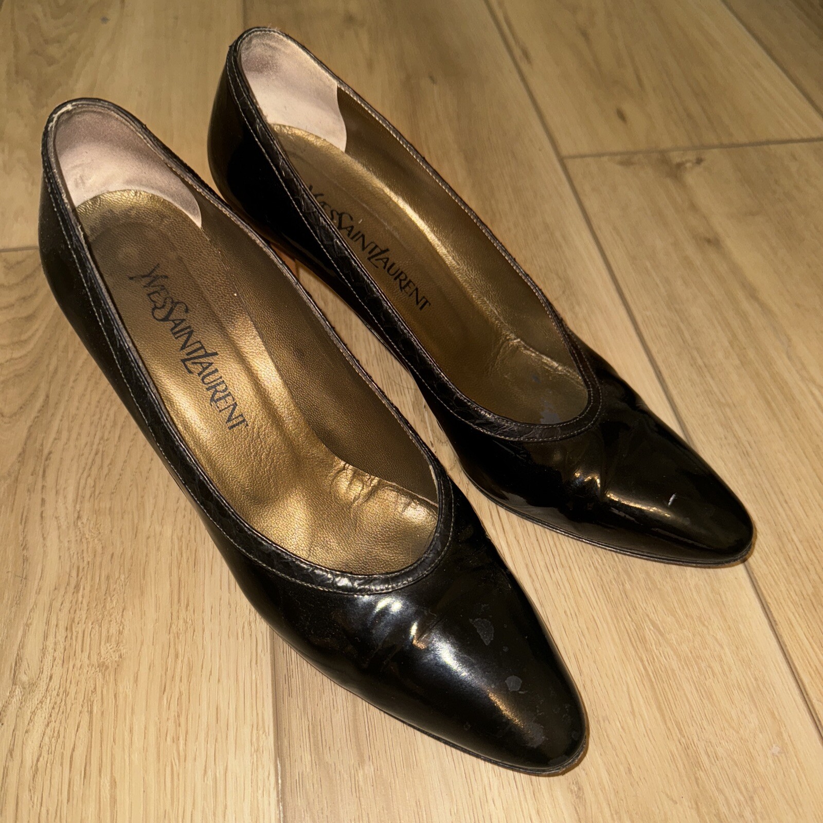 YSL Yves Saint Laurent pompa tacco donna nero verniciato punta aperta taglia 39 9