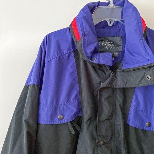 Vintage 90s Ski Jacket Black Blue Full Zip Hideaway Hood White Fir Men's XL - Picture 2 of 6