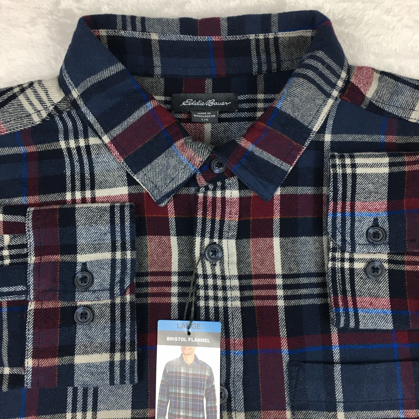 Eddie Bauer Shirt Mens Large Flannel Blue/Gray Plaid Bristol NEW MRSP 59.00