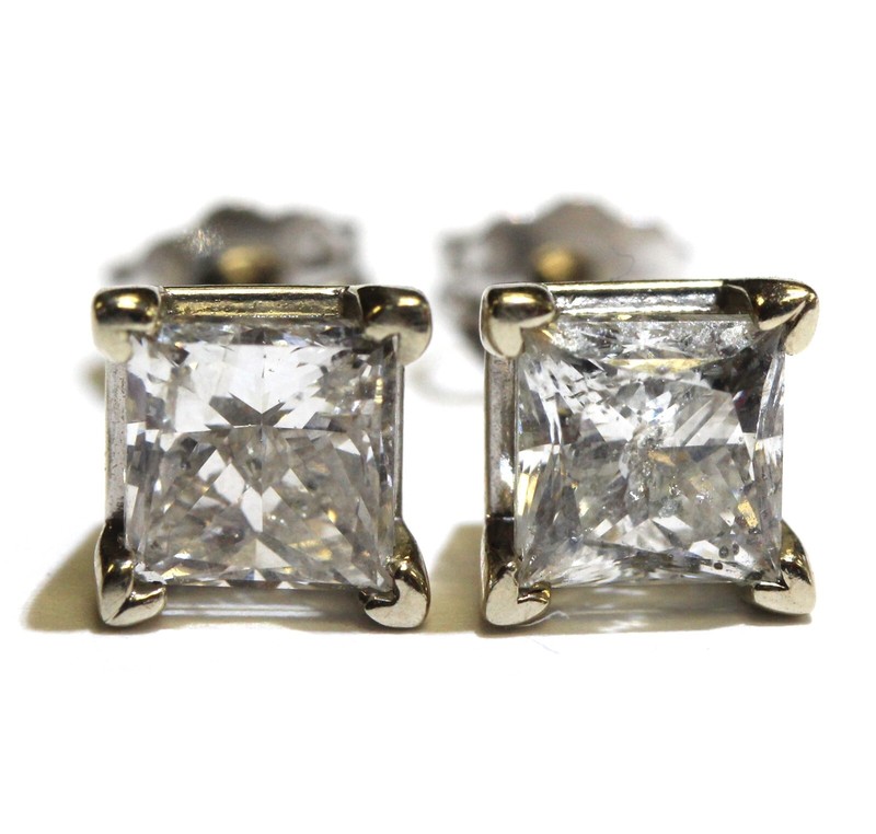 EGL certified 2ct carat New princess diamond I1 K 14k white gold earrings studs 