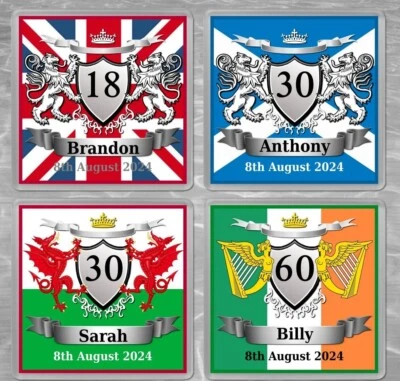 GB GIFT DESIGNS Personalised Birthday Coaster Flag Union Jack Scotland Wales Ireland Gift