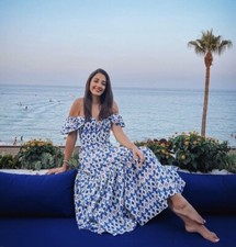 NWT ZARA WOMAN GEOMETRIC PRINTED MIDI RUFFLED DRESS BLUE  SIZE M ,  L