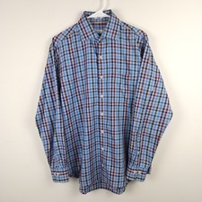 Peter Millar Shirt Mens Medium Blue Gray Red Plaid Cotton Button Up Long Sleeve