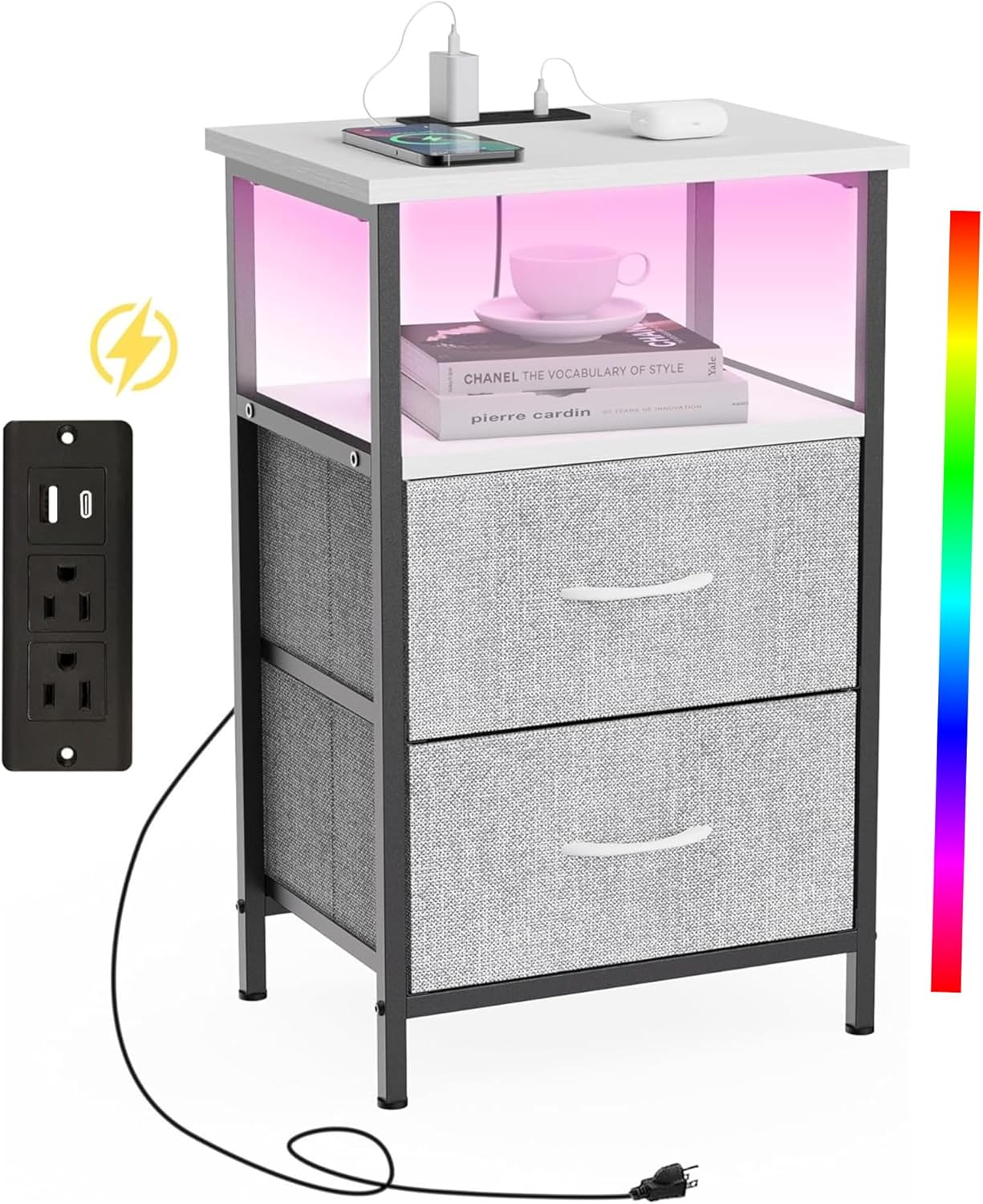 Modern LED Nightstand with USB A&C Charging and 2 Drawers-image