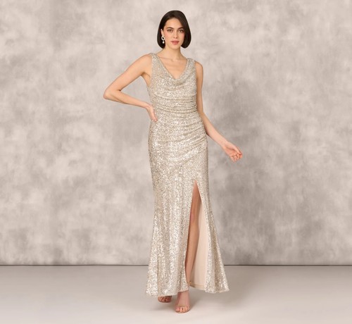 $395 Aidan Mattox Stretch Sequin Sleeveless Cowl Neck Gown | Champagne Silver 8 - Picture 5 of 21