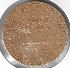 1972, Maple Syrup Festival, Elmira, Ontario, Canada, THICK Token, Wooden Nickel