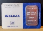 1 Ounce Goldas Swizterland .999 Silver Bar in Assay Card *Rare*