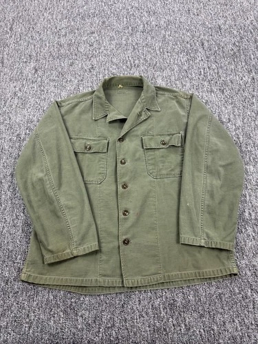 Vtg Military Shirt Men Large Sateen Green OG-107 Utility M47 Vietnam War 1960