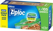 Ziploc Sandwich and Snack Bags with EasyGuide Texture, 105 Bags Total