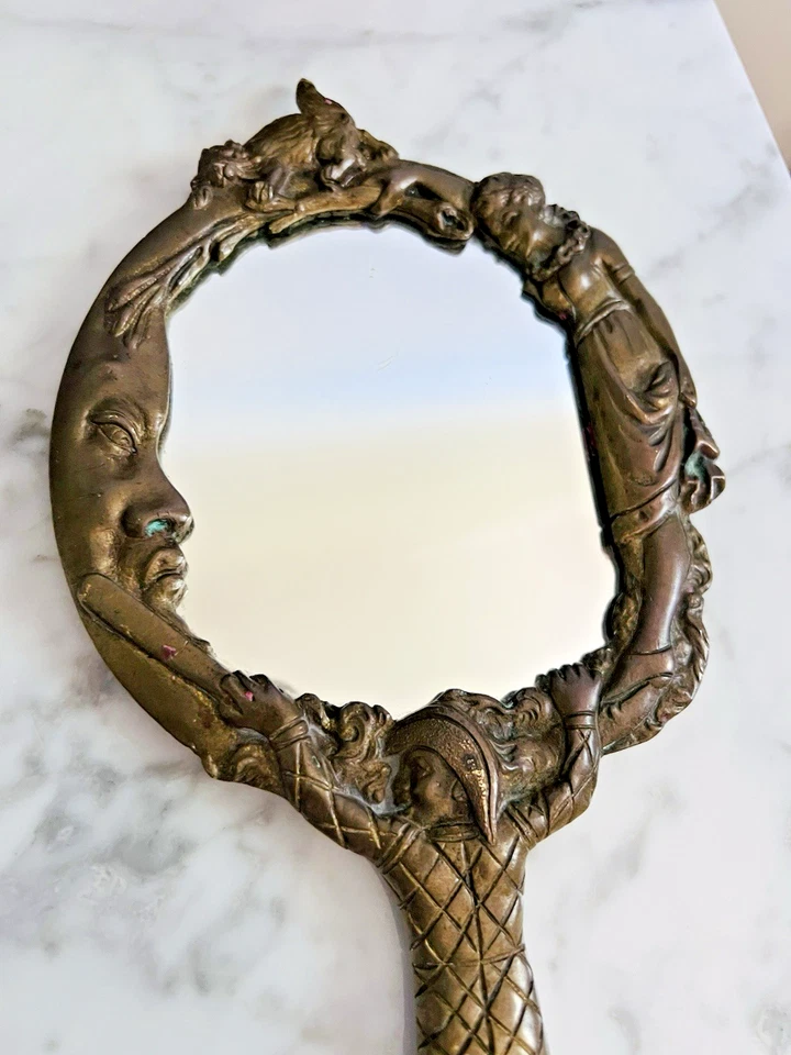 Espejo de mano vintage Dallas Rhyne bronce diosa gato luna raro Art Nouveau 10 x 5 Foto 4 de 4