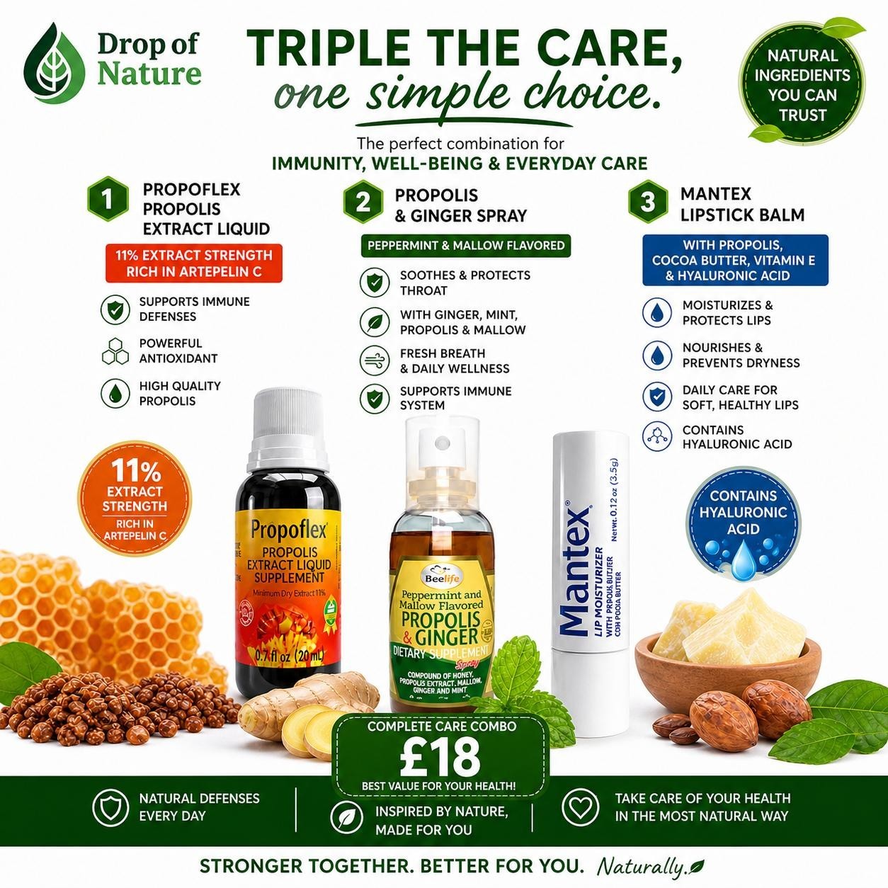 Green Propolis pack- Propolis Extract - Propolis Honey & Ginger -  Lipstick Balm