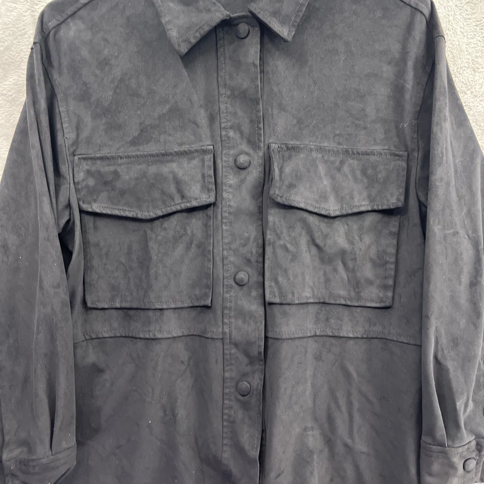 Zara Mens Faux Suede Shirt Black Button Up Shacket Sz XS Pockets Stretch Blend - Image 3 of 4