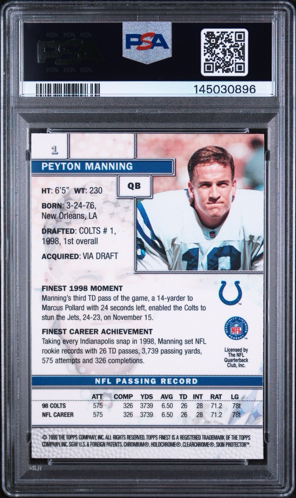 1999 Topps Finest - Peyton Manning #1 With Coating PSA 8 view 2