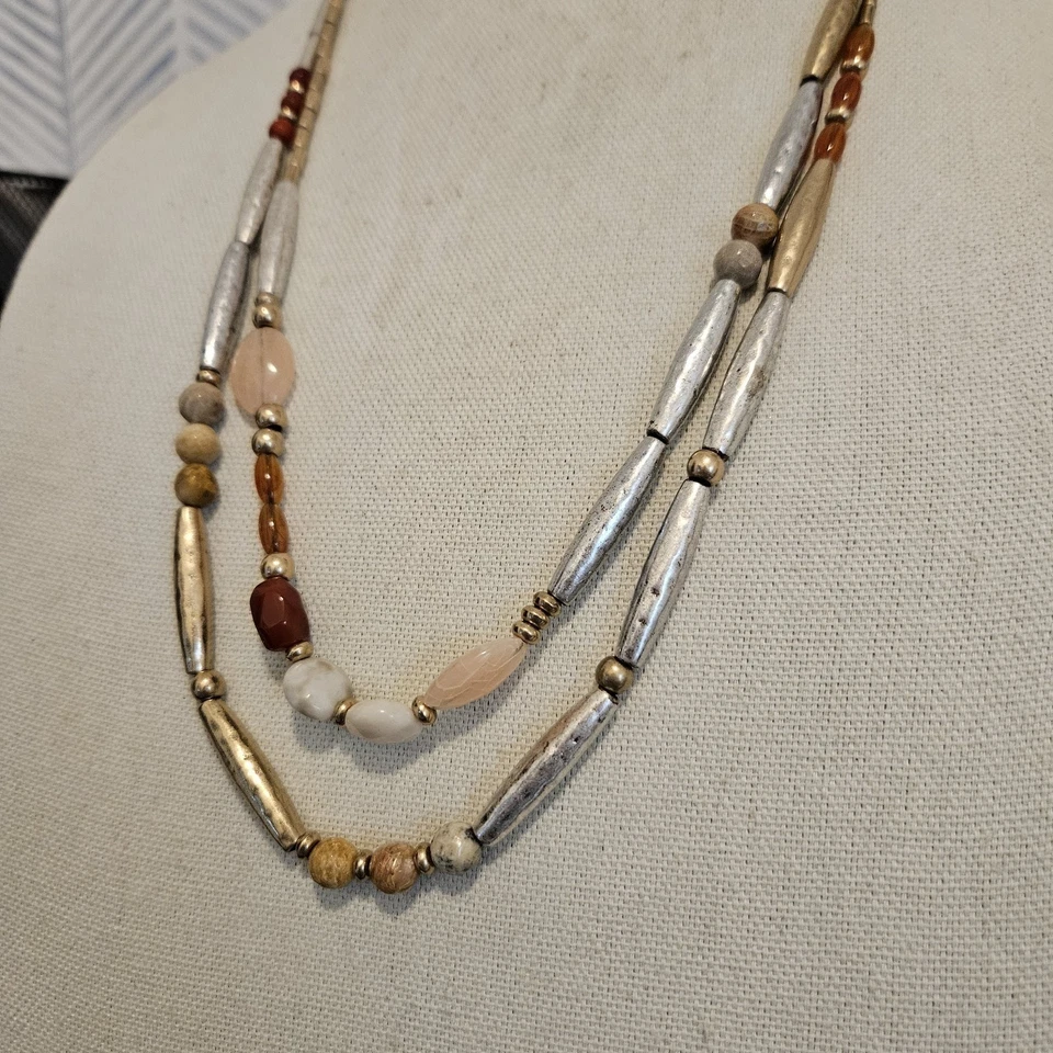 Collar J.Jill Terracota Otoño Puesta de Sol Doble Hilo Cuentas Cordón de Cuero Marrón Foto 4 de 4