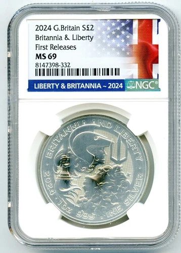 2024 GREAT BRITAIN 1OZ SILVER NGC MS69 BRITANNIA & LIBERTY FR - HEAVY WHITE HAZE