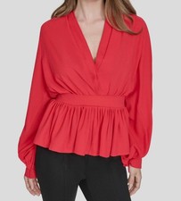 Halston Womens Red Tie-Waist Balloon-Sleeve V...