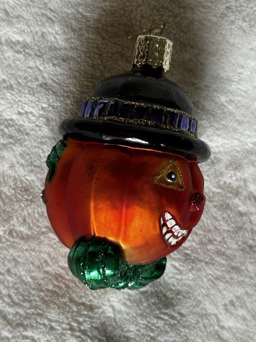 Old World Christmas Halloween Ornament Mr. Pumpkin Head Hand Blown Glass - Picture 2 of 6